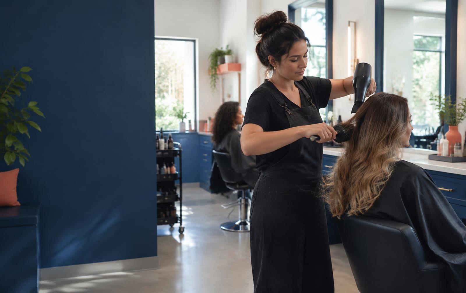 Profissional cuidando do cabelo de uma cliente em um salão